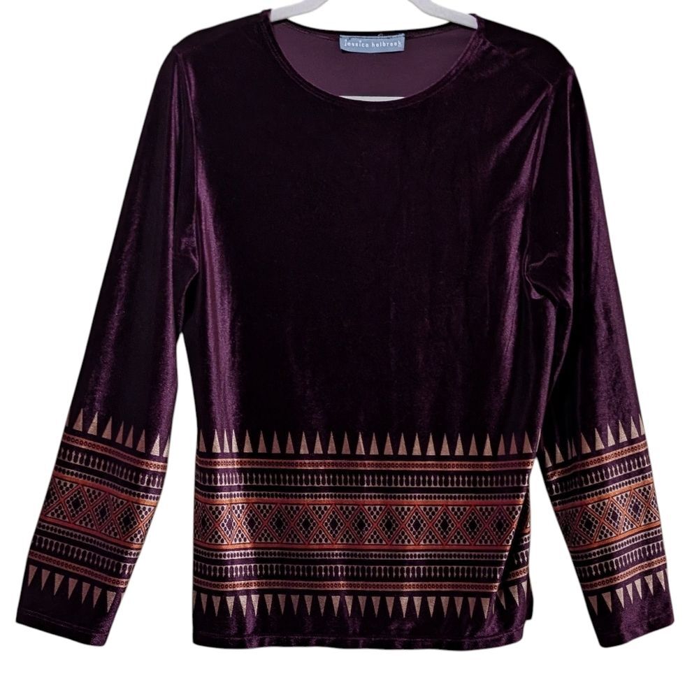 Jessica Holbrook velvet top shirt plum eggplant native aztec geometric print S/M
